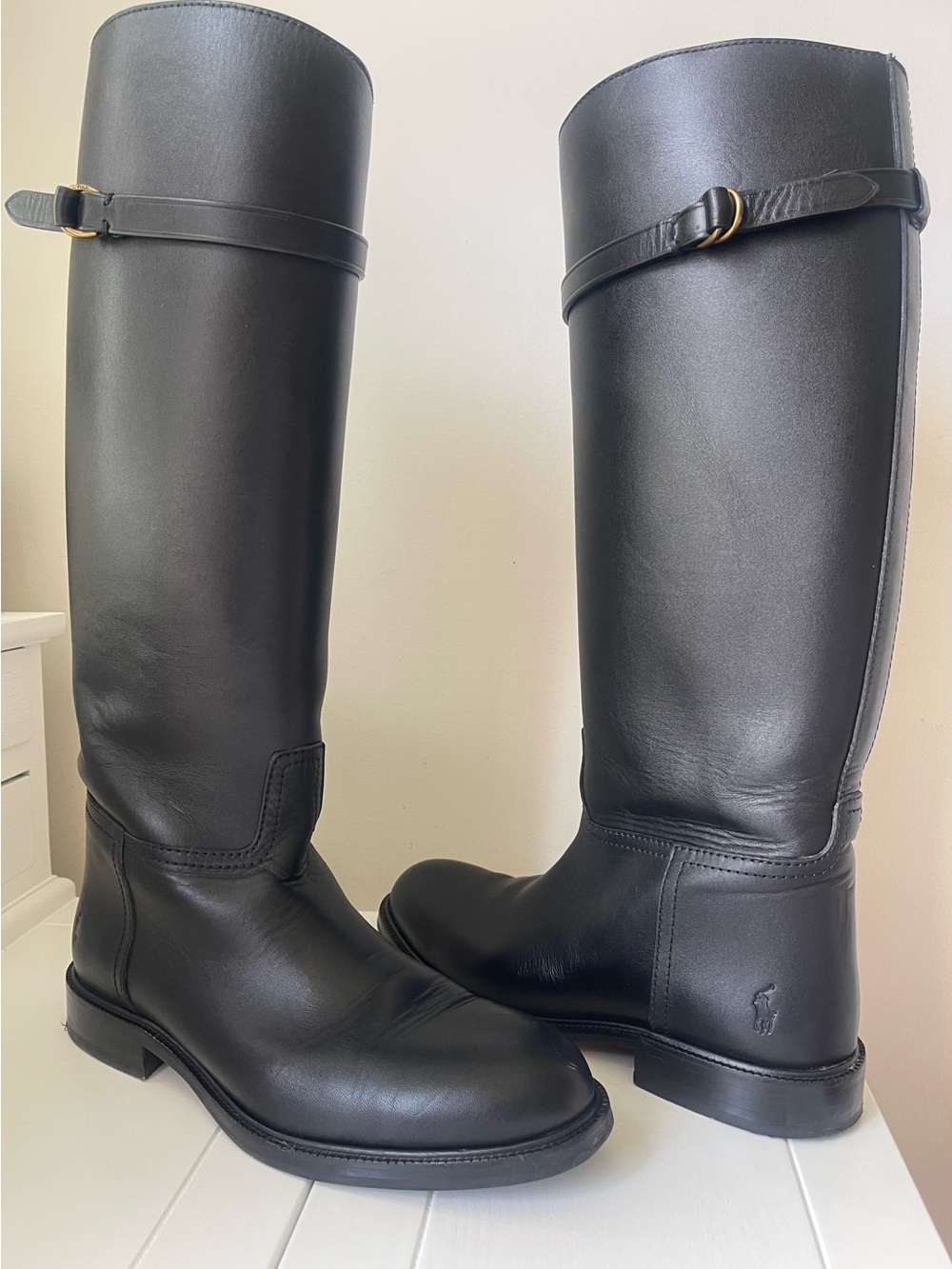 Polo Ralph Lauren Tall Equestrian Riding Boots, Black Calfskin Leather, Size 8.5